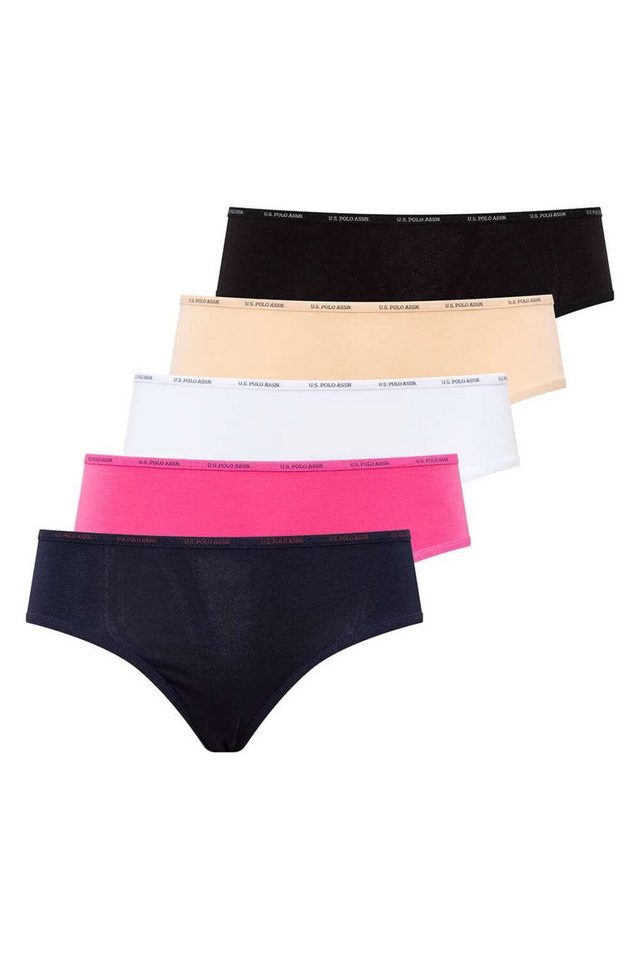 Fuşya Lacivert Siyah Beyaz Ten Logolu Lastik Bel Kadın 5'li Yüksek Bel Slip Külot U.S. Polo Assn.  