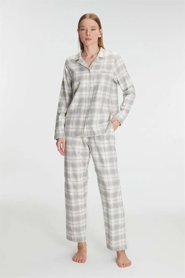 Gri Ekose Pamuklu Düğmeli Uzun Kollu Kadın Pijama Takımı