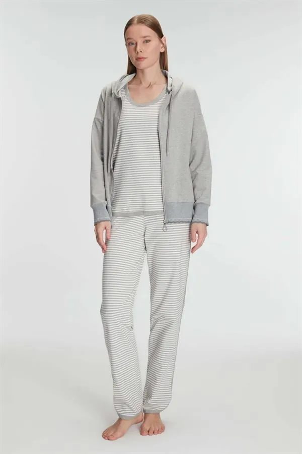Gri Pamuklu Çizgili Kapüşonlu Fermuarlı Uzun Kollu Sweatshirt Sıfır Kollu Tişört ve Pantolon Kadın Pijama Takımı