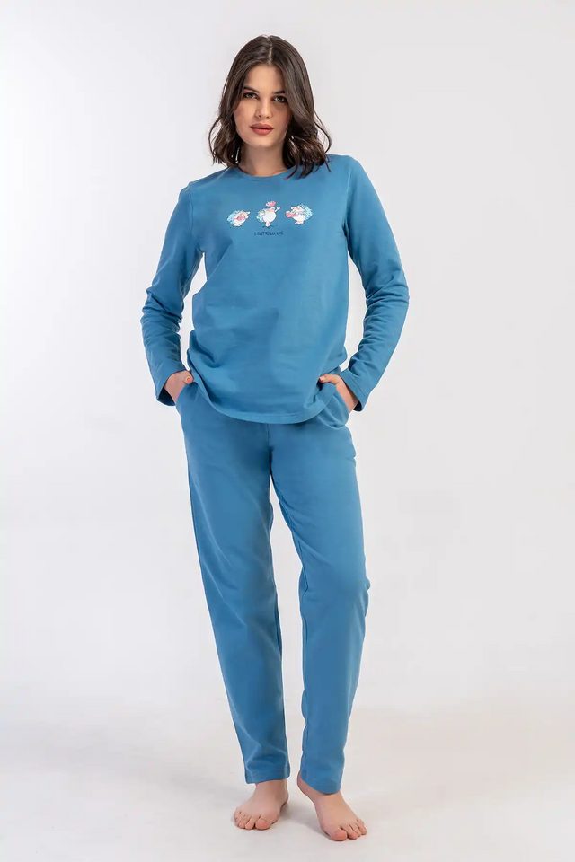 Kadın 2 İplik Mavi Cepli Uzun Kollu Pijama Takım