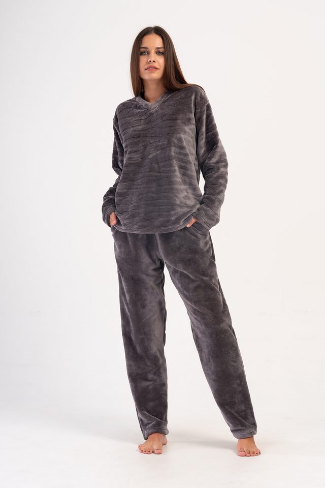 Kadın Antrasit Ultra Soft V Yaka Uzun Kol Cepli Pijama Takım