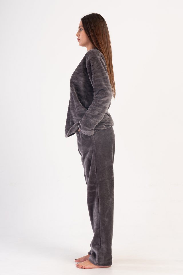 Kadın Antrasit Ultra Soft V Yaka Uzun Kol Cepli Pijama Takım