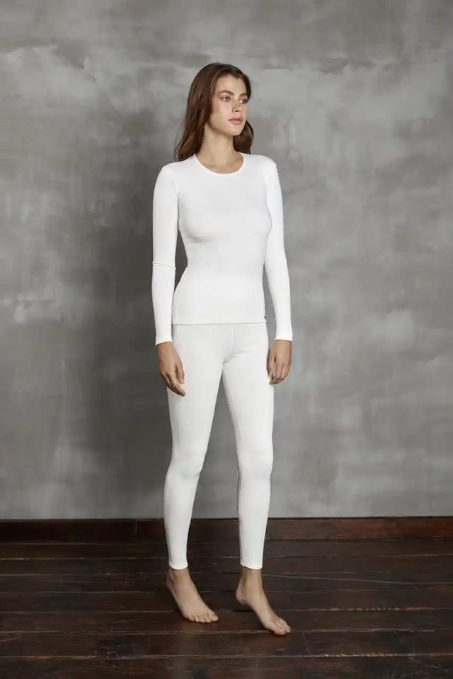 Kadın Beyaz Bisiklet Yaka Uzun Kollu Termal Bodysuit