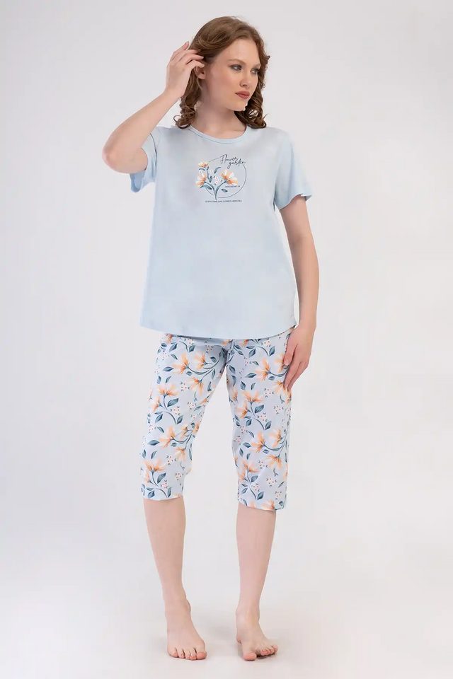 Kadın Büyük Beden Açık Mavi Çiçek Desenli Kapri Pijama Takım