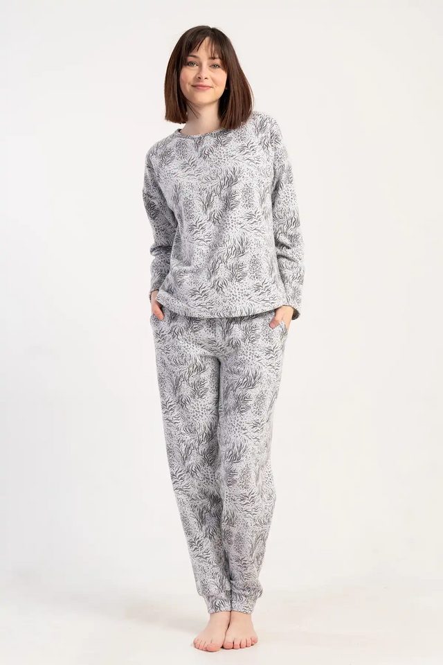 Kadın Büyük Beden Jakarlı Gri Desenli Uzun Kollu Cepli Pijama Takım 