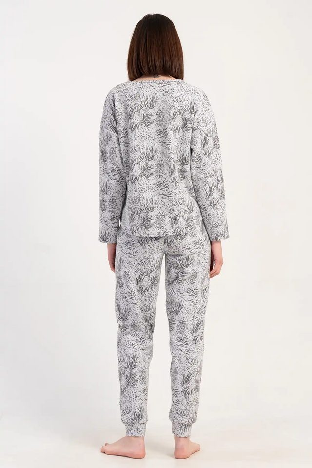 Kadın Büyük Beden Jakarlı Gri Desenli Uzun Kollu Cepli Pijama Takım 