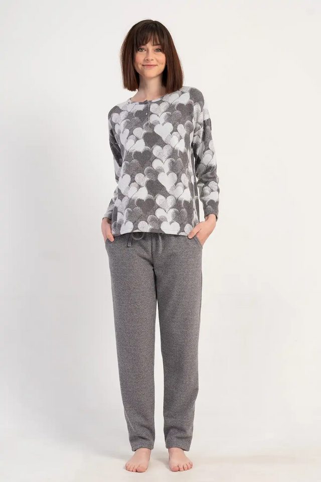 Kadın Büyük Beden Jakarlı Gri Desenli Uzun Kollu Pijama Takımı