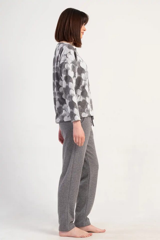Kadın Büyük Beden Jakarlı Gri Desenli Uzun Kollu Pijama Takımı