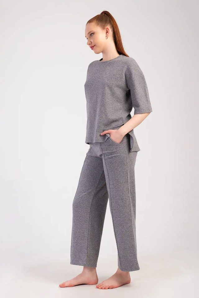 Kadın Büyük Beden Jakarlı Nervurlu Kısa Kollu Cepli Pijama Takım