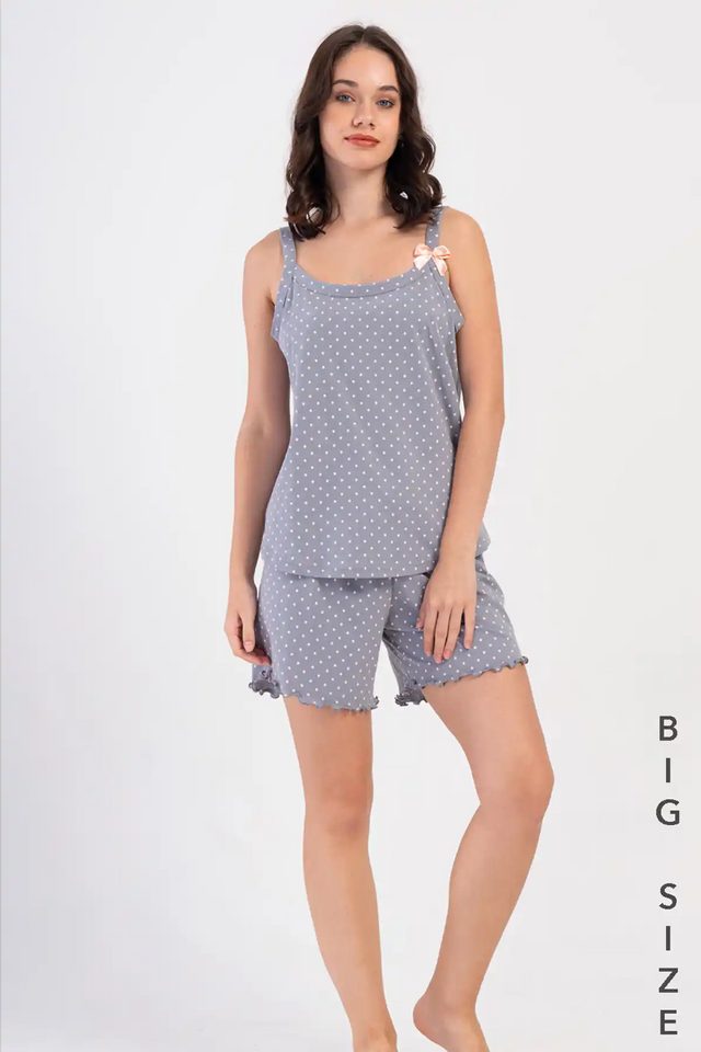 Kadın Büyük Beden Süprem Füme Puantiyeli Fiyonklu Askılı Şortlu Pijama Takım