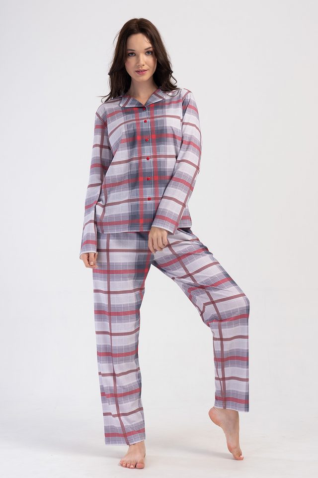 Kadın Büyük Beden Süprem Gömlek Yaka Düğmeli Uzun Kol Cepli Ekose Pijama Takım
