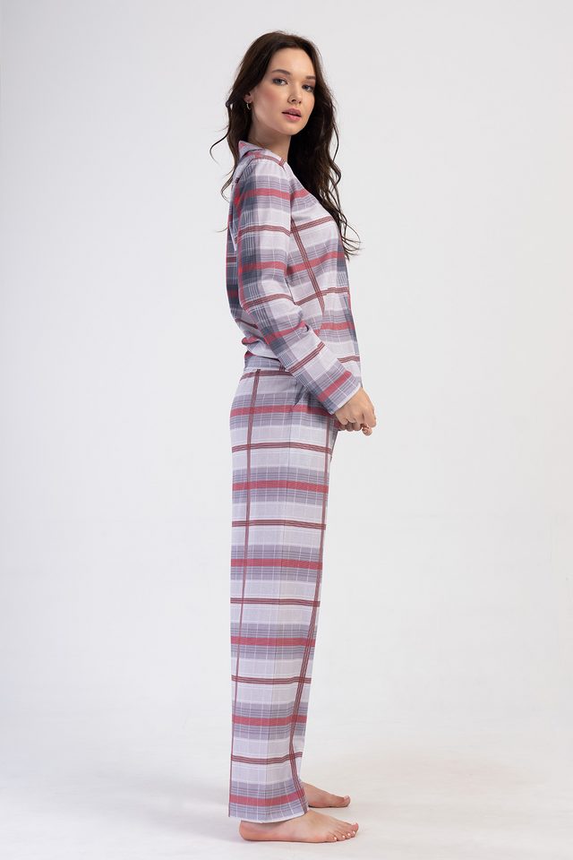 Kadın Büyük Beden Süprem Gömlek Yaka Düğmeli Uzun Kol Cepli Ekose Pijama Takım