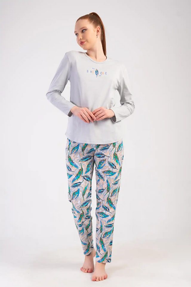 Kadın Büyük Beden Süprem Gri Desenli Uzun Kollu Pijama Takımı
