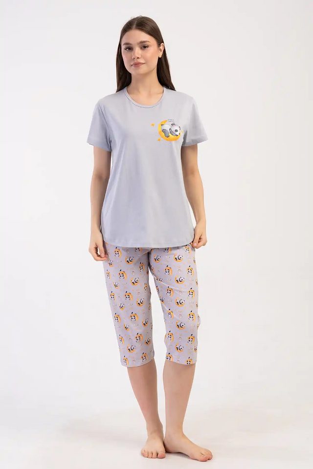 Kadın Büyük Beden Süprem Gri Panda Desenli Kısa Kollu Kapri Pijama Takım