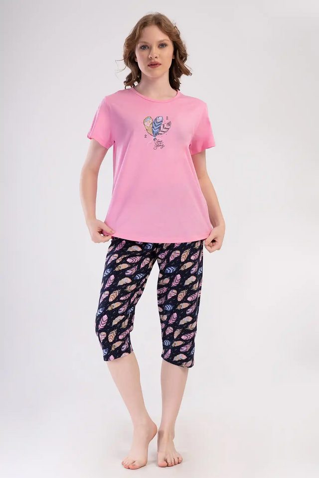 Kadın Büyük Beden Süprem Lacivert Pembe Desenli Kapri Pijama Takım