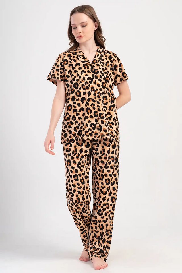 Kadın Büyük Beden Süprem Leopar Gömlek Kısa Kollu Pijama Takım