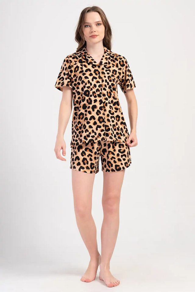 Kadın Büyük Beden Süprem Leopar Gömlek Şort Pijama Takım