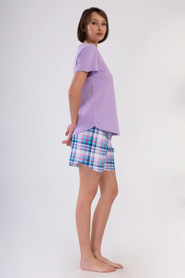Kadın Büyük Beden Süprem Lila Ekoseli Şortlu Pijama Takım