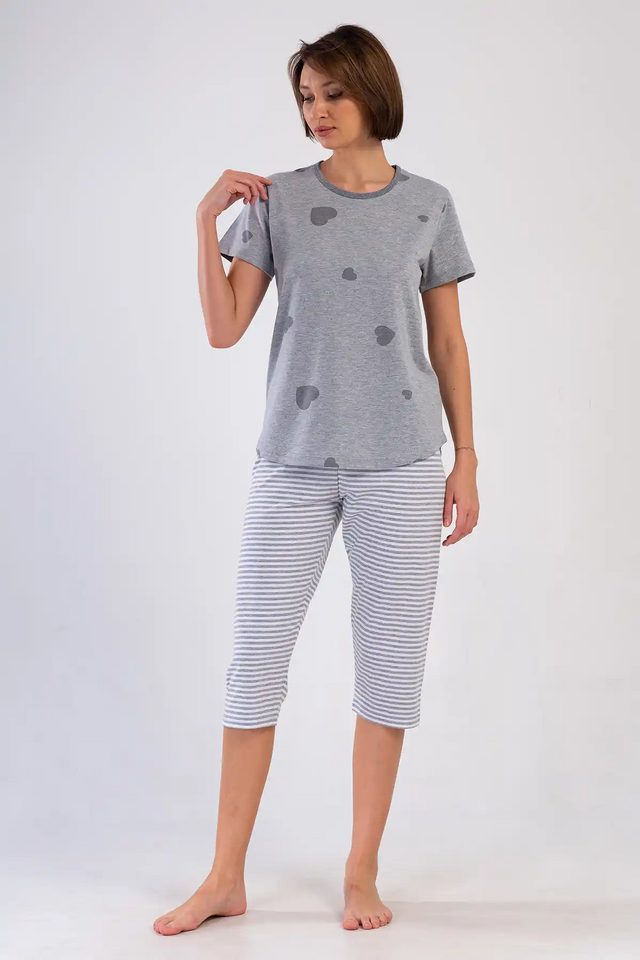 Kadın Büyük Beden Süprem Melanj Gri Desenli Çizgili Kapri Pijama Takım