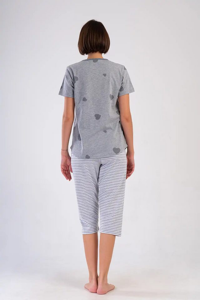 Kadın Büyük Beden Süprem Melanj Gri Desenli Çizgili Kapri Pijama Takım