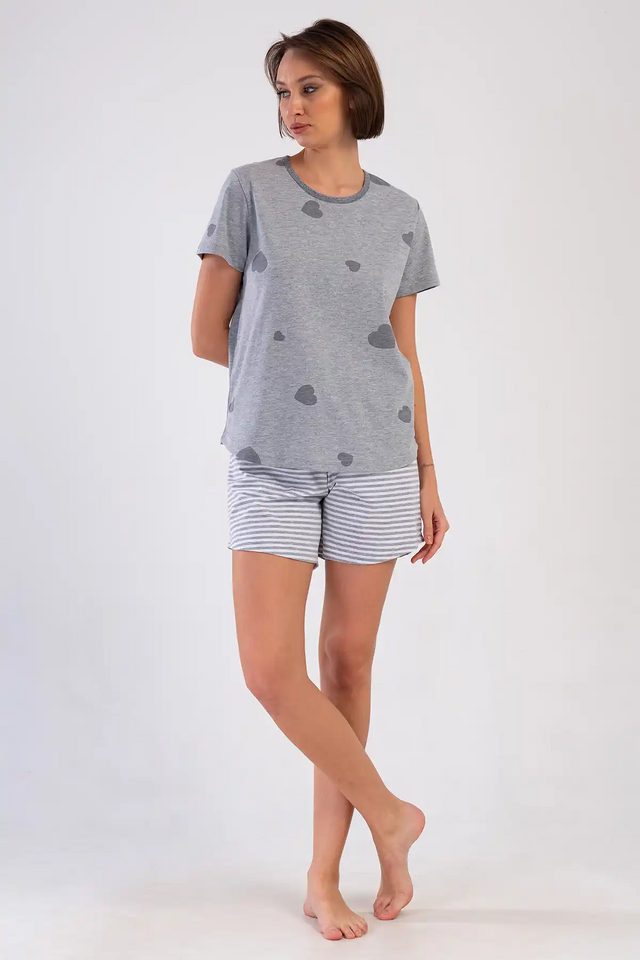 Kadın Büyük Beden Süprem Melanj Gri Kısa Kol Desenli Çizgili Şortlu Pijama Takım