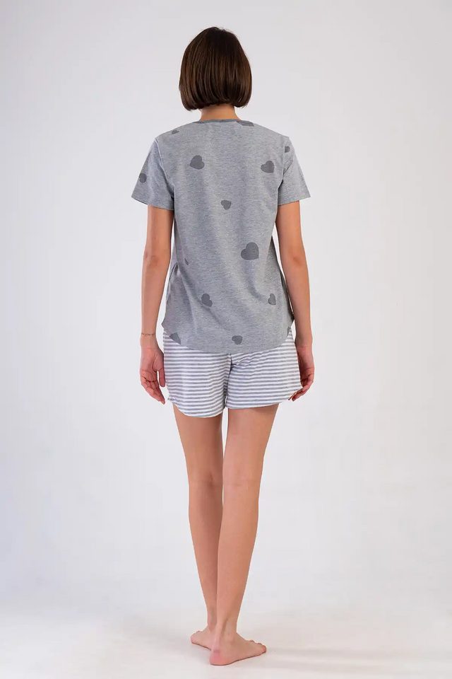 Kadın Büyük Beden Süprem Melanj Gri Kısa Kol Desenli Çizgili Şortlu Pijama Takım