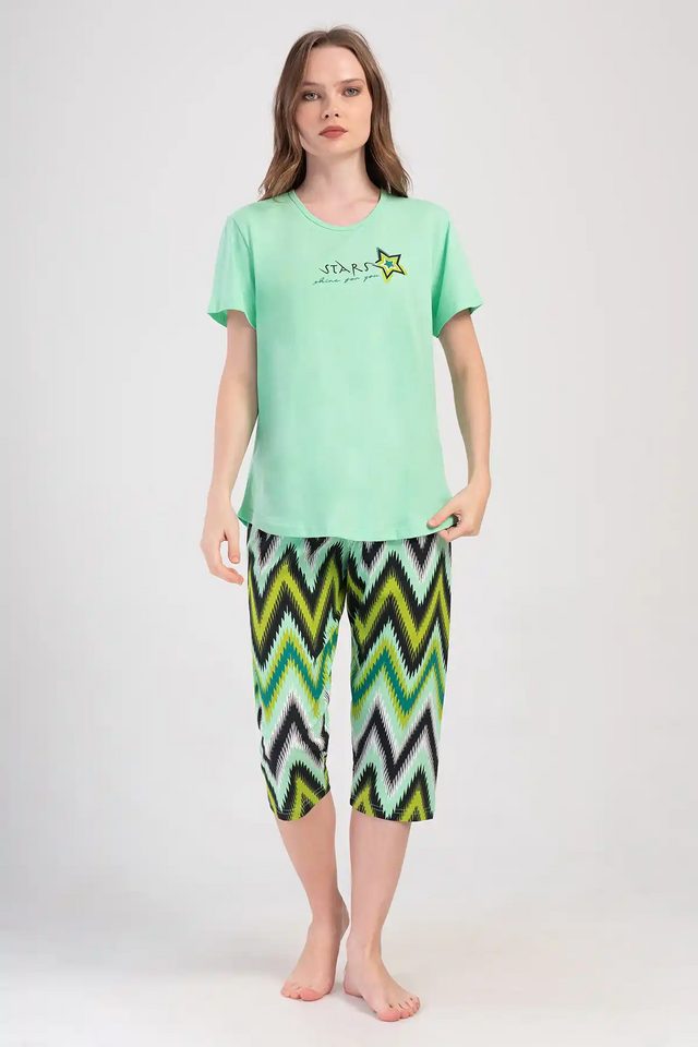 Kadın Büyük Beden Süprem Mint Yeşili Kısa Kollu Kapri Pijama Takım