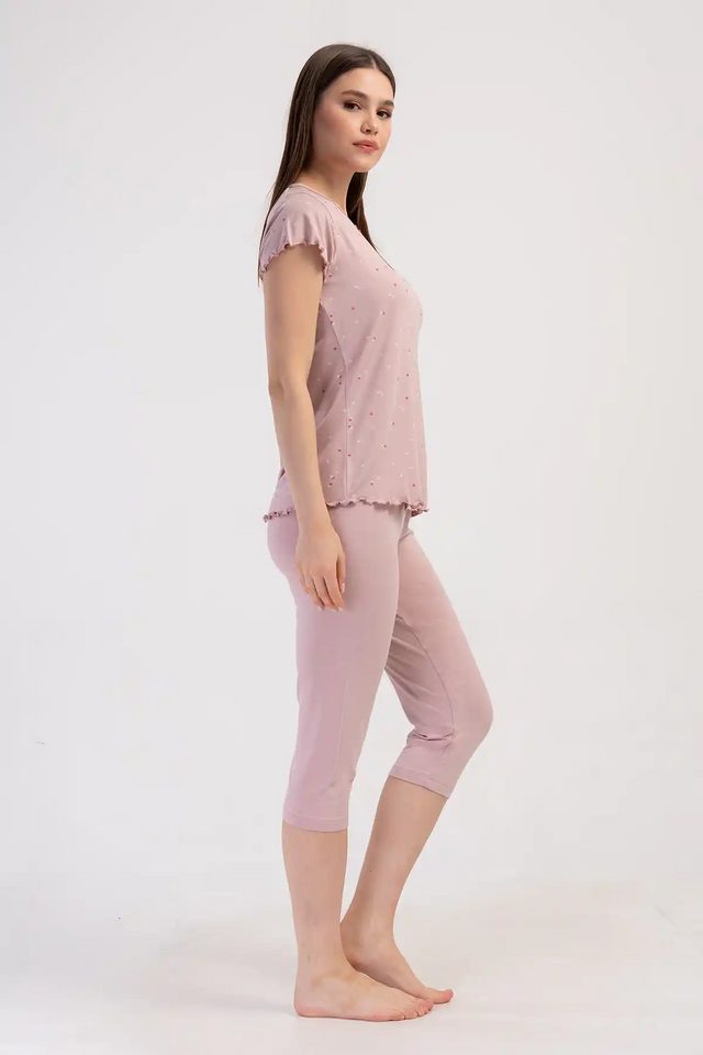 Kadın Büyük Beden Viskon Pembe V Yaka Desenli Kapri Pijama Takım