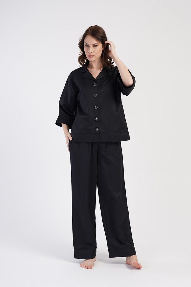 Kadın Gömlek Yaka Tamamı Düğmeli Cepli Siyah Pijama Takım