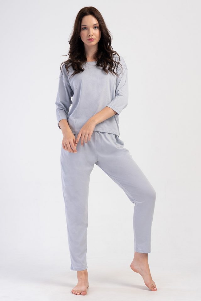 Kadın Gri Suprem O Yaka Düşük Omuzlu Cepli Pijama Takım