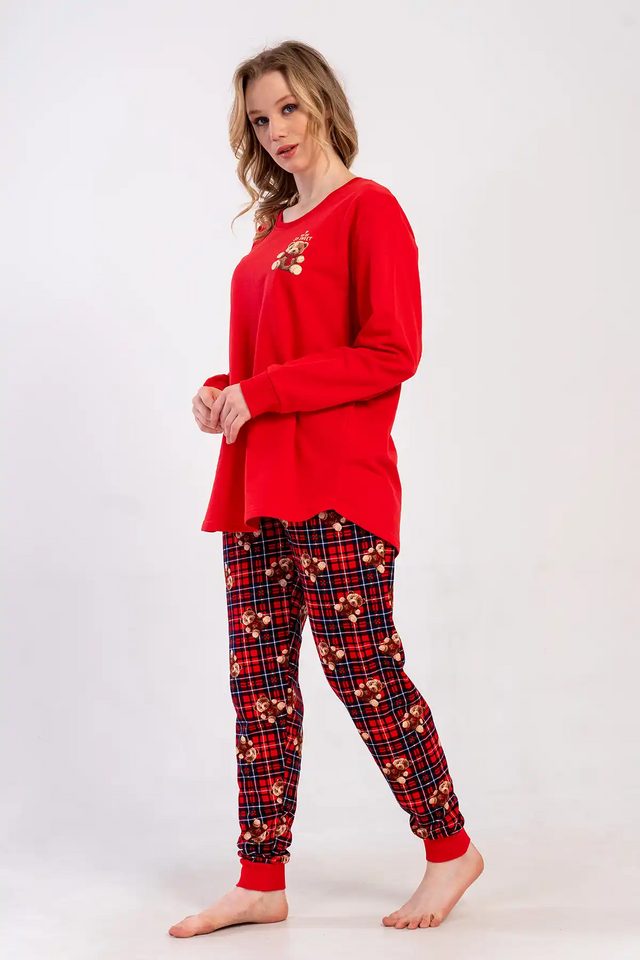 Kadın İki İplik Büyük Beden Kırmızı Ekoseli Desenli Manşetli Uzun Kollu Pijama Takım 