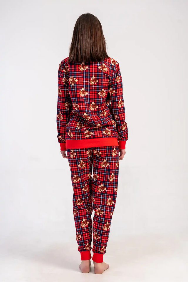 Kadın İki İplik Kırmızı Ayıcık Desenli Manşetli Uzun Kollu Pijama Takım
