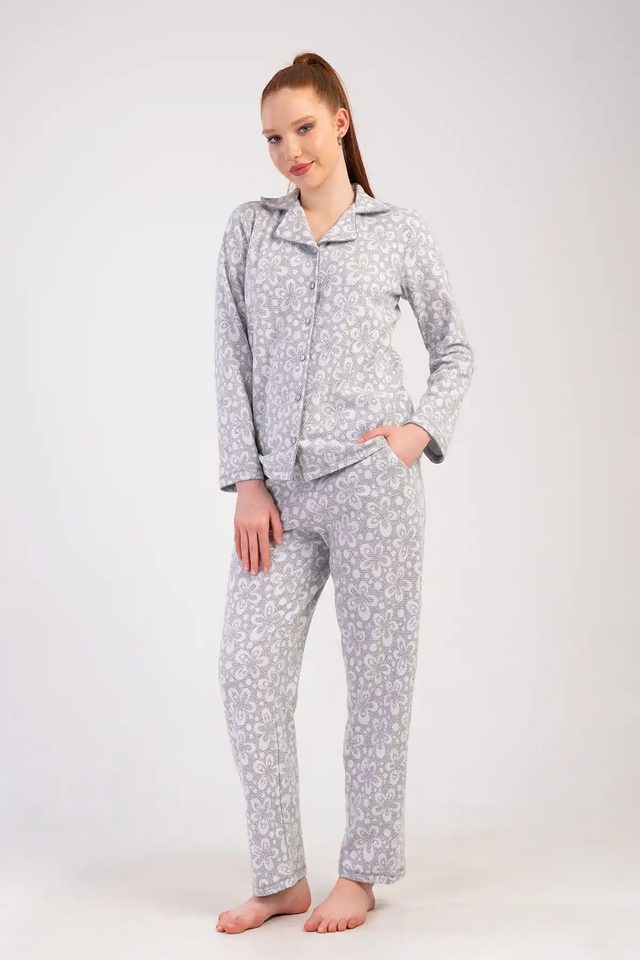 Kadın Jakarlı Gri Çiçek Desenli Gömlek Cepli Pijama Takımı