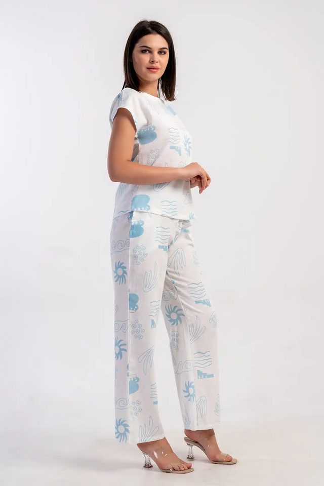 Kadın Kıbrıs Keten Beyaz Desenli Kayık Kaya Cepli Pijama Takım