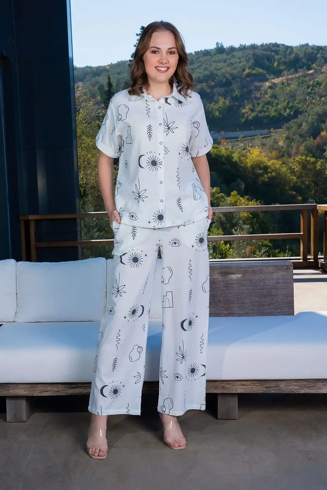 Kadın Kıbrıs Keten Beyaz Desenli Kısa Kol Gömlek Pijama Takım