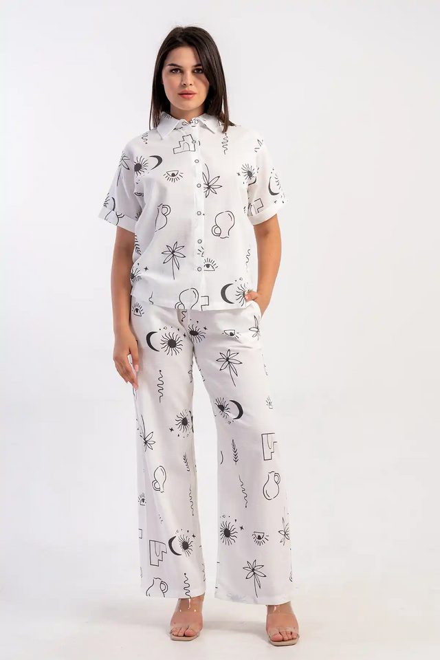 Kadın Kıbrıs Keten Beyaz Desenli Kısa Kol Gömlek Pijama Takım