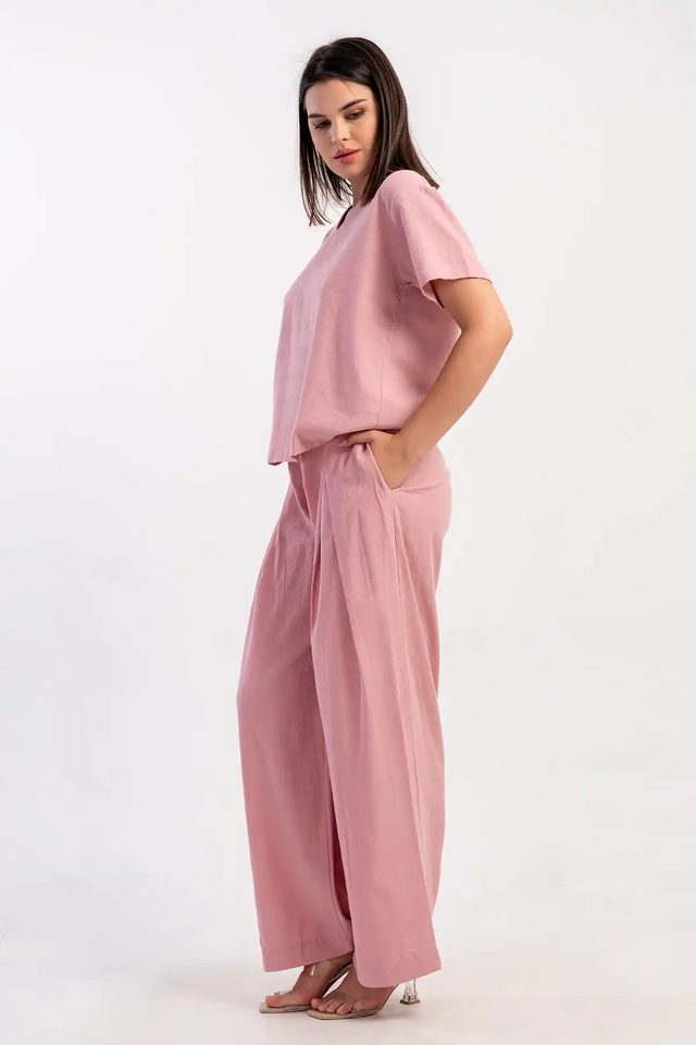 Kadın Kıbrıs Keten Pembe Kısa Kol V Yava Pile Detaylı Pijama Takım