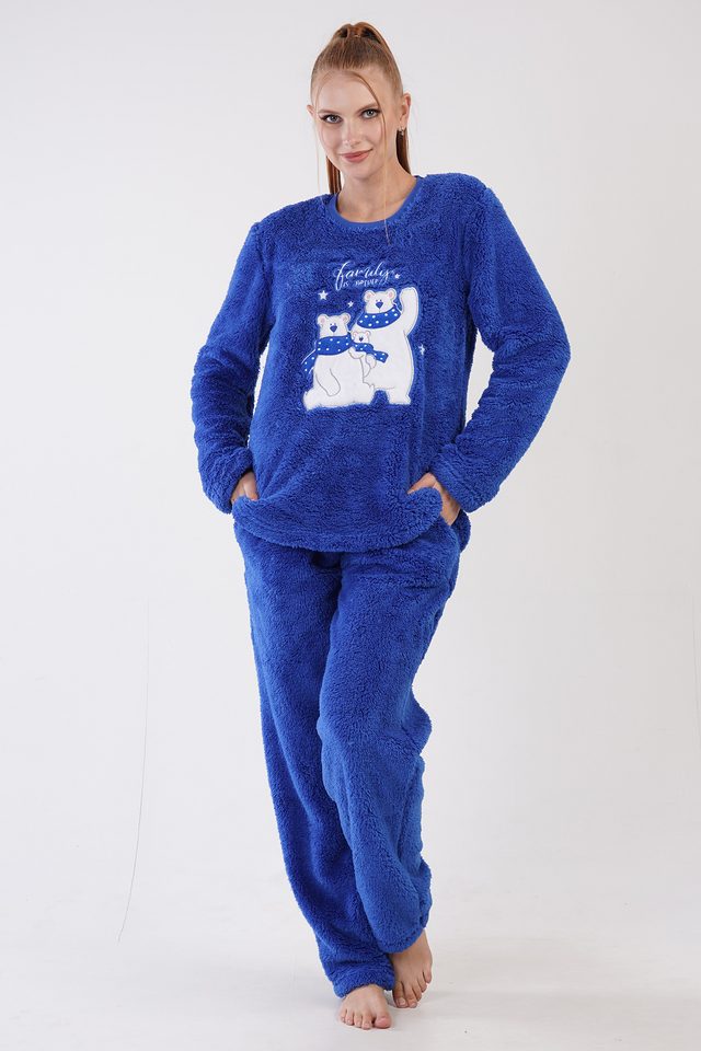 Kadın Lacivert O Yaka Uzun Kol Cepli Pijama Takım
