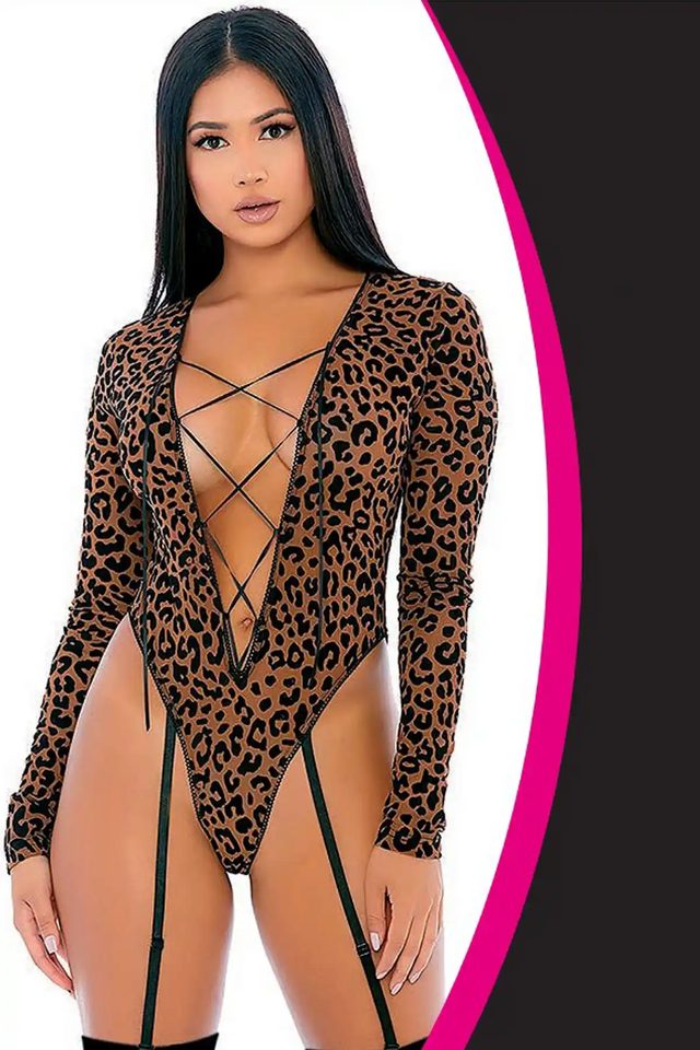Kadın Leopar Desenli Tül Dekolteli İpli Fantezi Babydoll