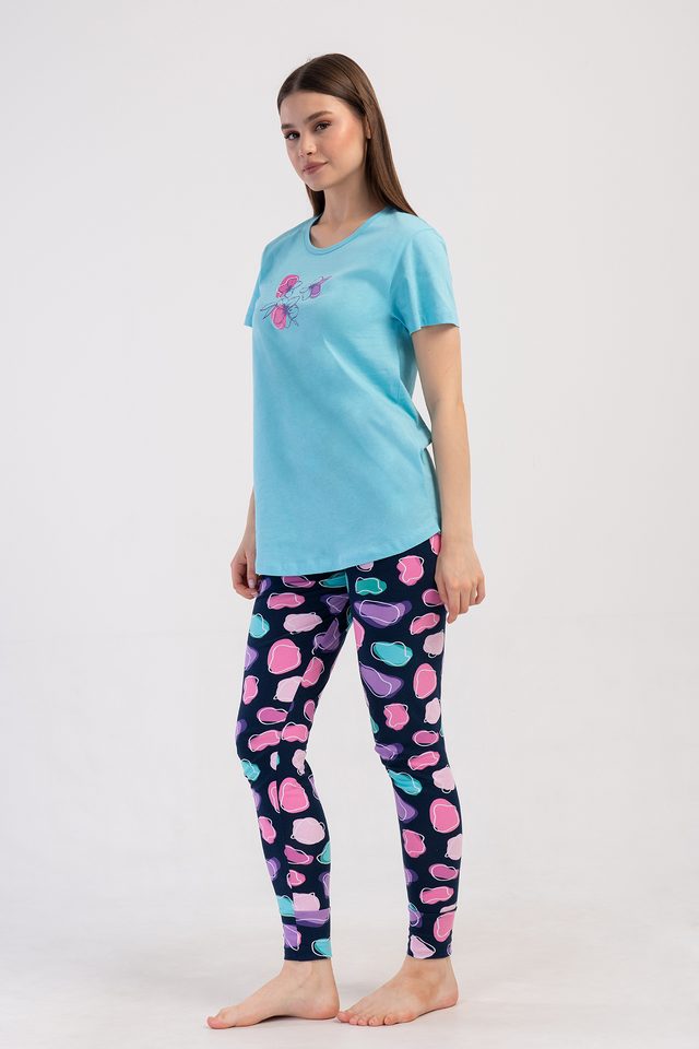 Kadın Likra Suprem O Yaka Kısa Kol Bluzu Uzun Tayt Pijama Takım