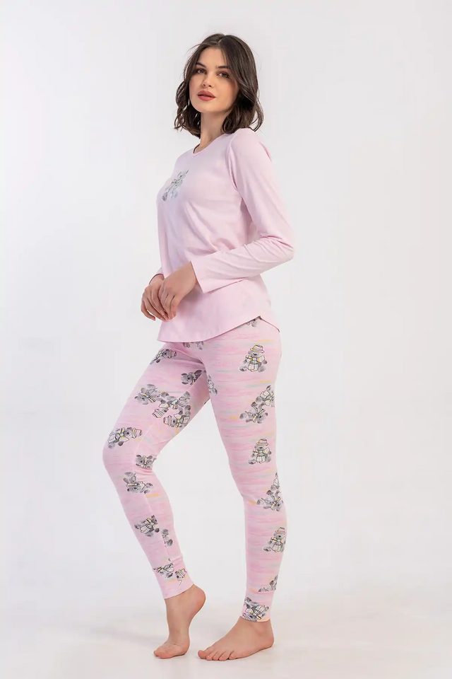 Kadın Likra Süprem Pembe Desenli Uzun Kollu Tayt Pijama Takım