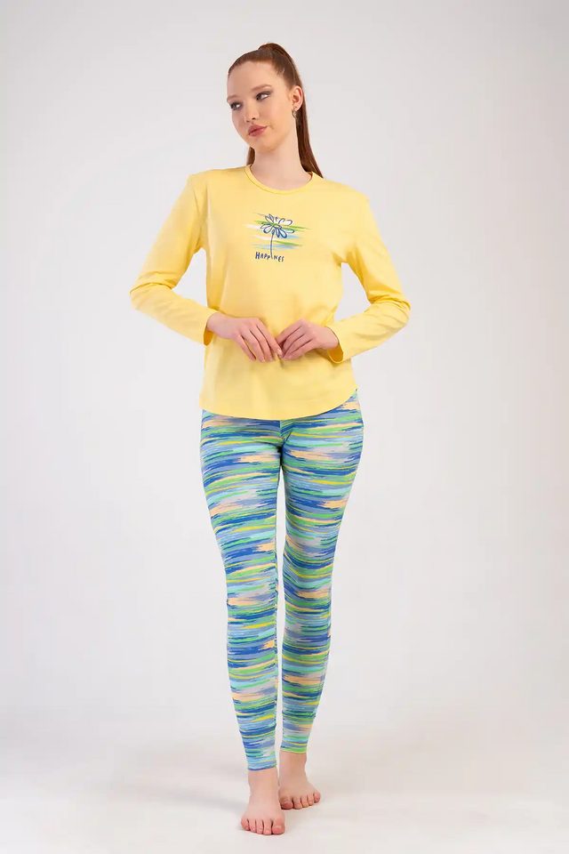 Kadın Likra Süprem Sarı Desenli Uzun Kollu Tayt Pijama Takım