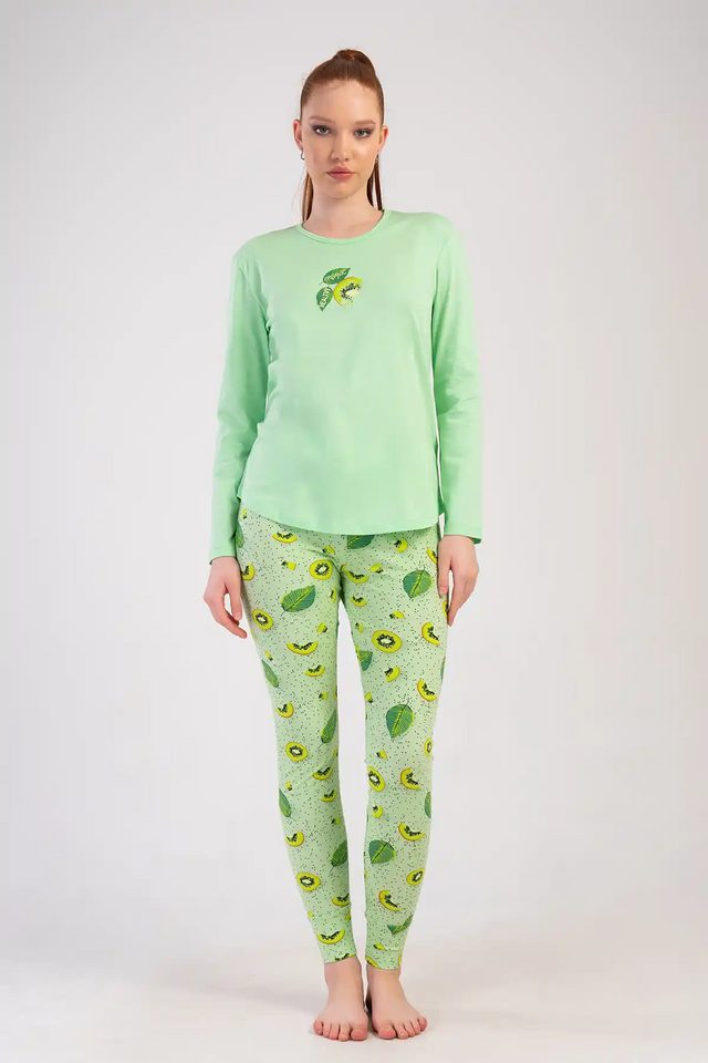 Kadın Likra Süprem Yeşil Desenli Uzun Kollu Tayt Pijama Takım