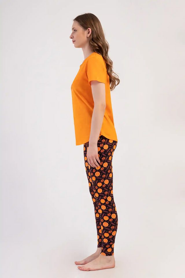 Kadın Likralı Süprem Orange Kısa Kollu Taytlı Pijama Takım