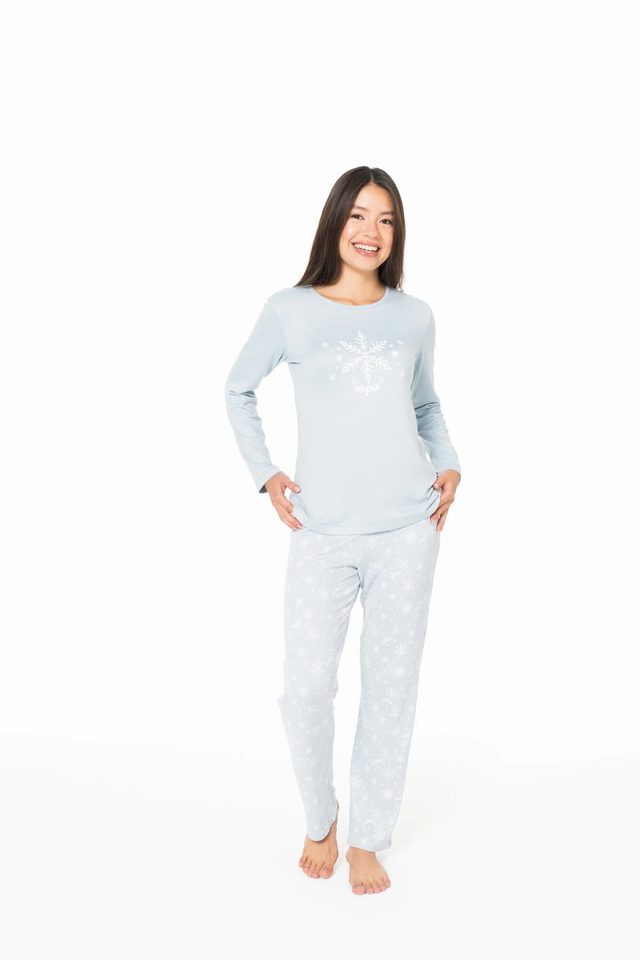 Mavi Pamuk Kar Tanesi Baskılı Kadın Pijama Takımı U.S. Polo Assn.