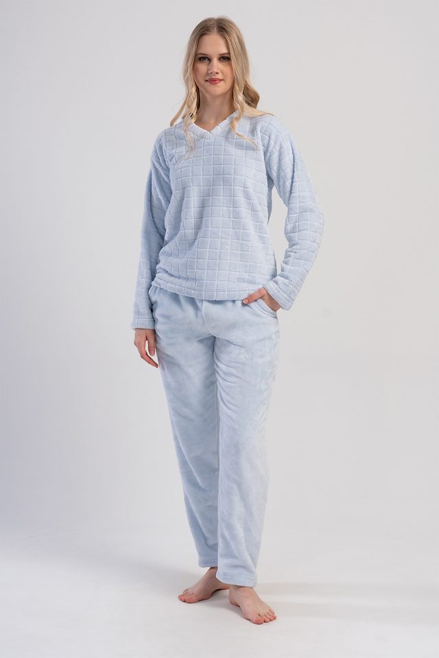 Kadın Mavi Ultra Soft V Yaka Uzun Kol Cepli Pijama Takım