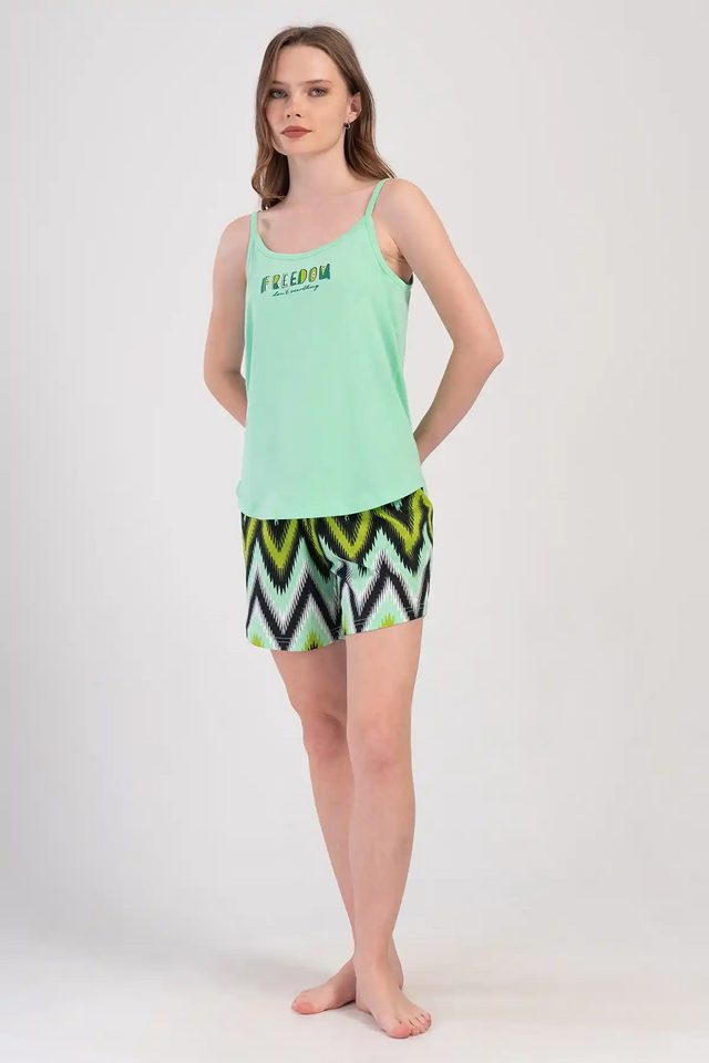 Kadın Mint Yeşili Desen İp Askılı Şortlu Pijama Takım