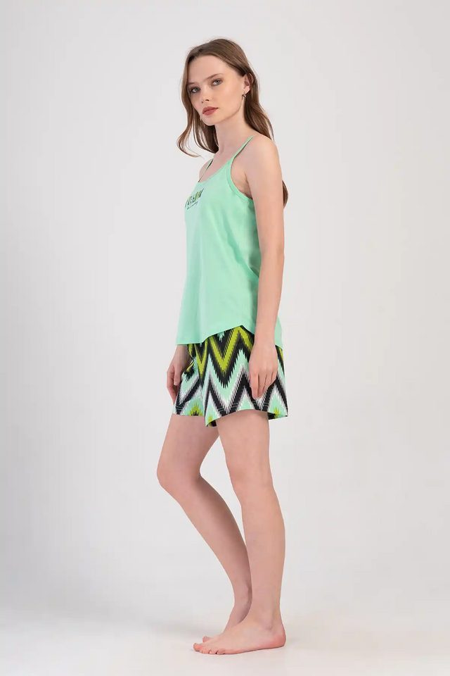Kadın Mint Yeşili Desen İp Askılı Şortlu Pijama Takım