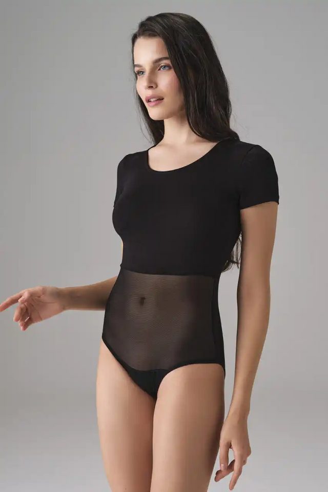 Kadın Modal Tül Detaylı Kısa Kol Siyah Body