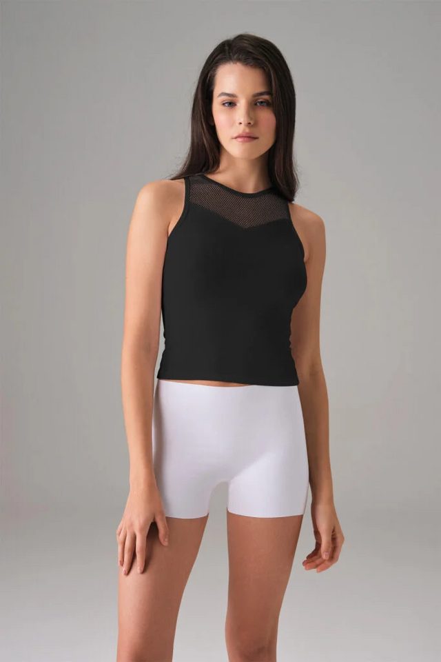 Kadın Pamuklu Siyah File Detaylı Bisiklet Yaka Crop Slim Fit Atlet